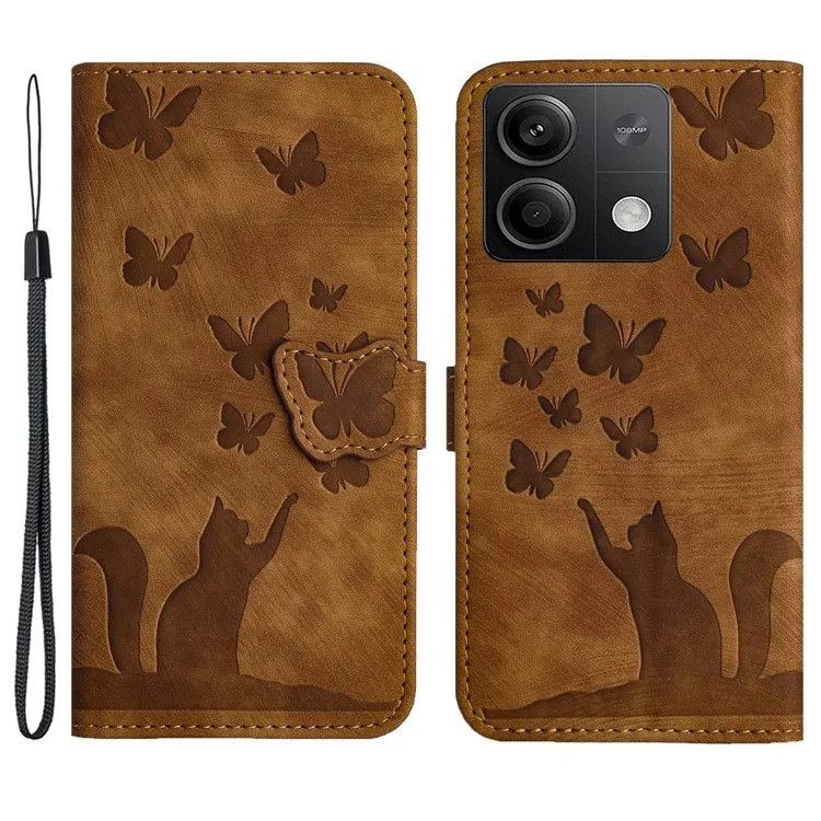 Para Xiaomi Redmi Note 13 5G Wallet Case Borboleta Cat Imprint Leather Phone Cover - Marrom