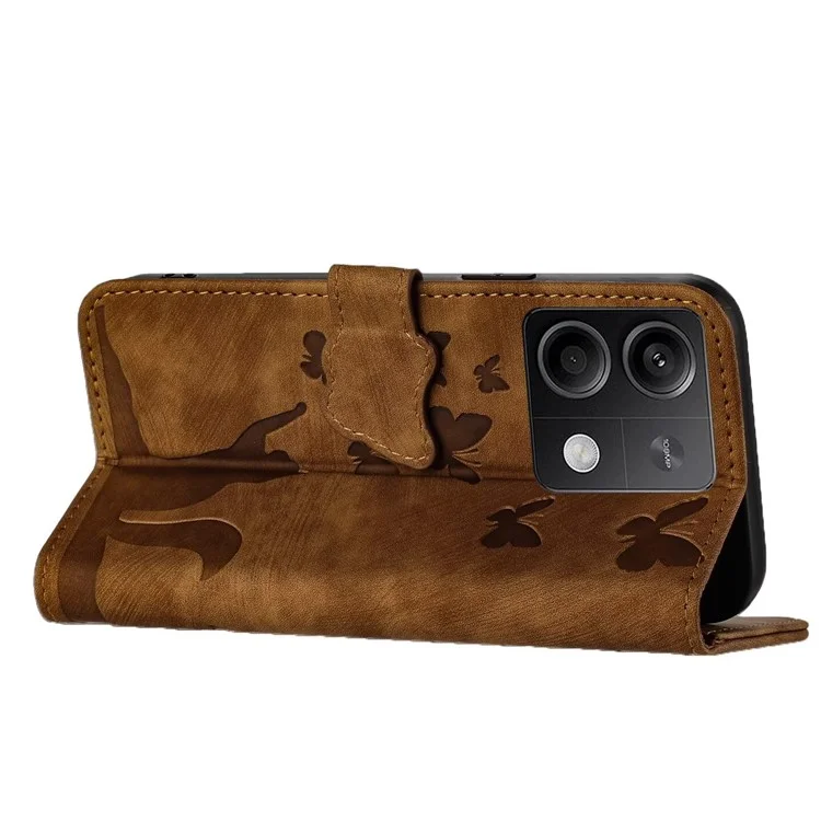 Para Xiaomi Redmi Note 13 5G Wallet Case Borboleta Cat Imprint Leather Phone Cover - Marrom