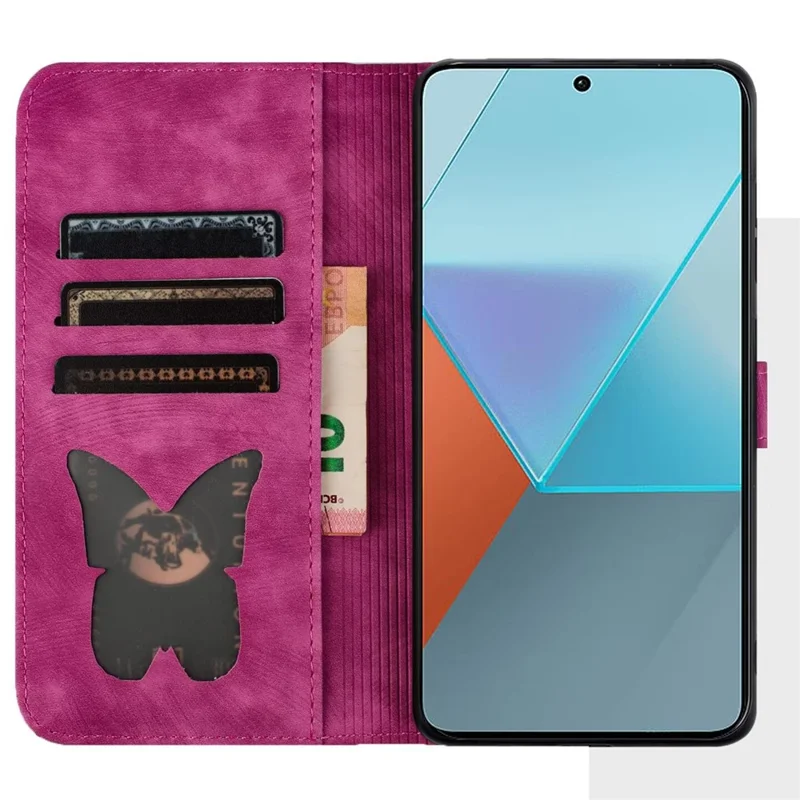 For Xiaomi Redmi Note 13 5G Wallet Case Butterfly Cat Imprint Leather Phone Cover - Rose