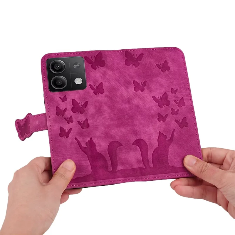 For Xiaomi Redmi Note 13 5G Wallet Case Butterfly Cat Imprint Leather Phone Cover - Rose
