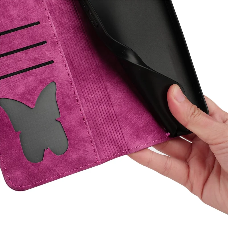 For Xiaomi Redmi Note 13 5G Wallet Case Butterfly Cat Imprint Leather Phone Cover - Rose