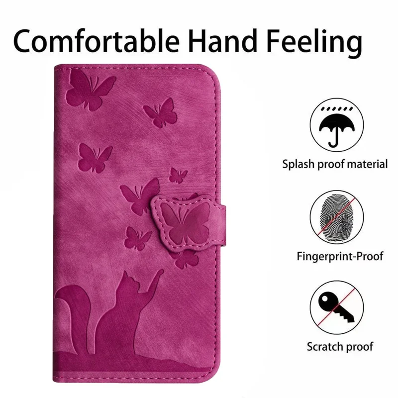 For Xiaomi Redmi Note 13 5G Wallet Case Butterfly Cat Imprint Leather Phone Cover - Rose