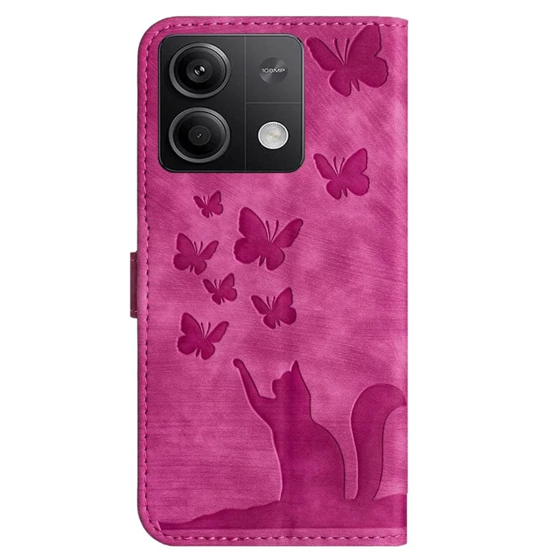 For Xiaomi Redmi Note 13 5G Wallet Case Butterfly Cat Imprint Leather Phone Cover - Rose
