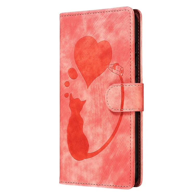 Für Xiaomi Redmi Note 13 5G Case Love Heart Cat Imprinted Leather Phone Cover mit Kartenfächern Ständer - Pink