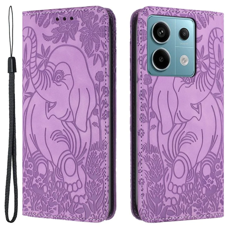 For Xiaomi Redmi Note 13 5G Leather Case Elephant Pattern Wallet Phone Cover - Purple