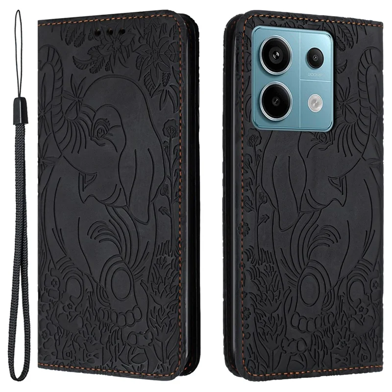 For Xiaomi Redmi Note 13 5G Leather Case Elephant Pattern Wallet Phone Cover - Black