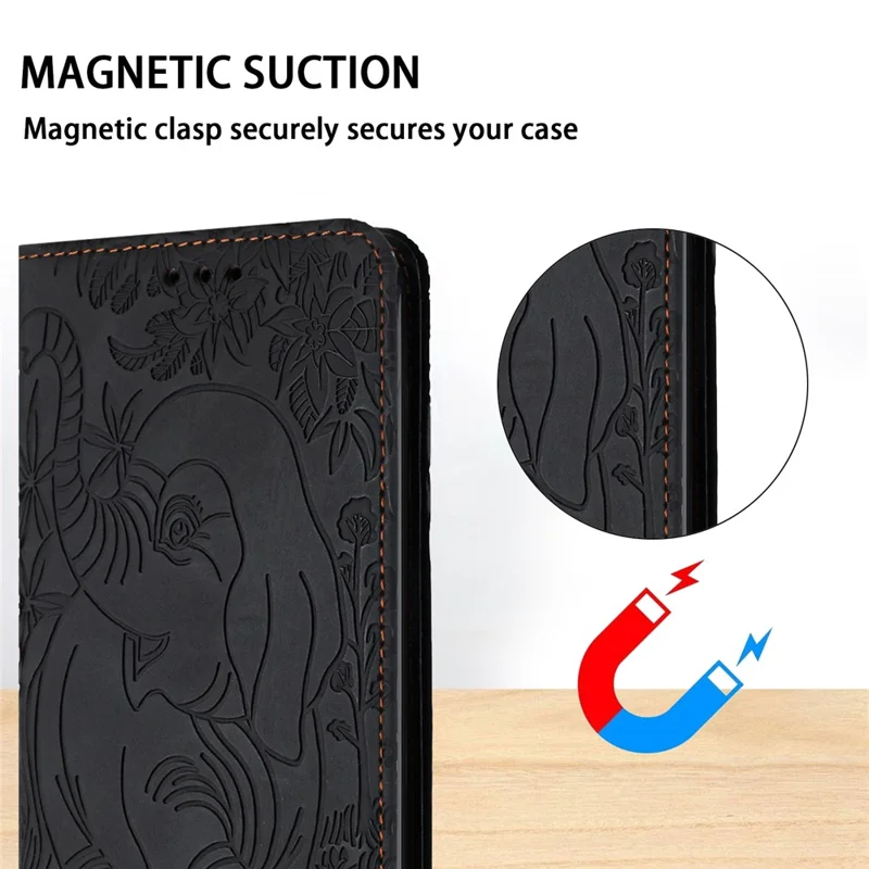 For Xiaomi Redmi Note 13 5G Leather Case Elephant Pattern Wallet Phone Cover - Black