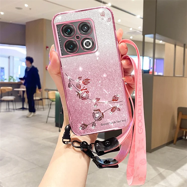 KADEM For OnePlus 10 Pro 5G Case Flower Glitter Shockproof Soft TPU Phone Cover with Lanyard - Rose Gold