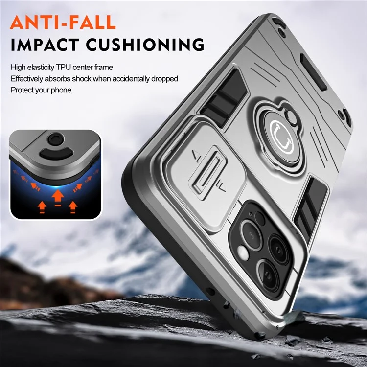 For iPhone 12 Pro Case Camera Protection PC + TPU Phone Cover with Finger Ring Holder - Grey