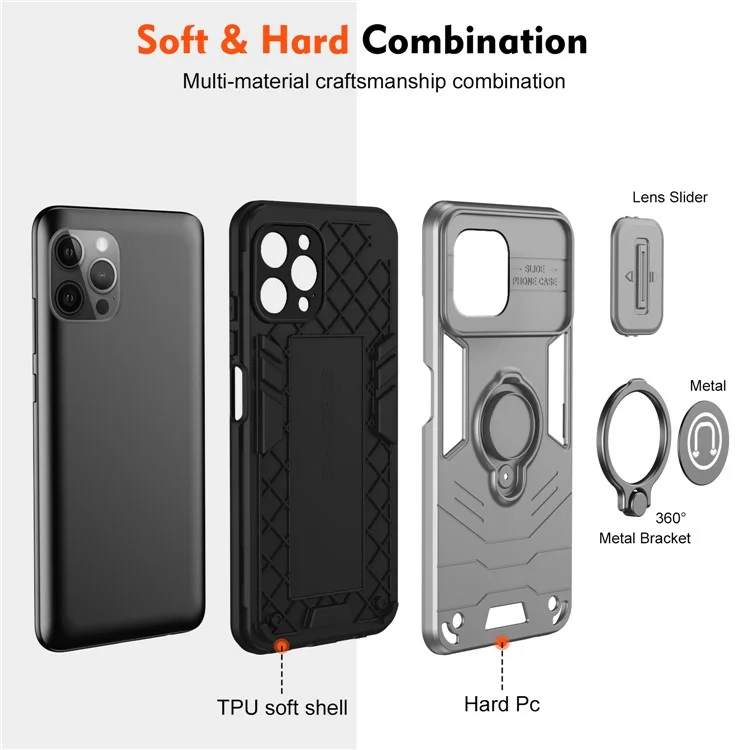 For iPhone 12 Pro Case Camera Protection PC + TPU Phone Cover with Finger Ring Holder - Grey