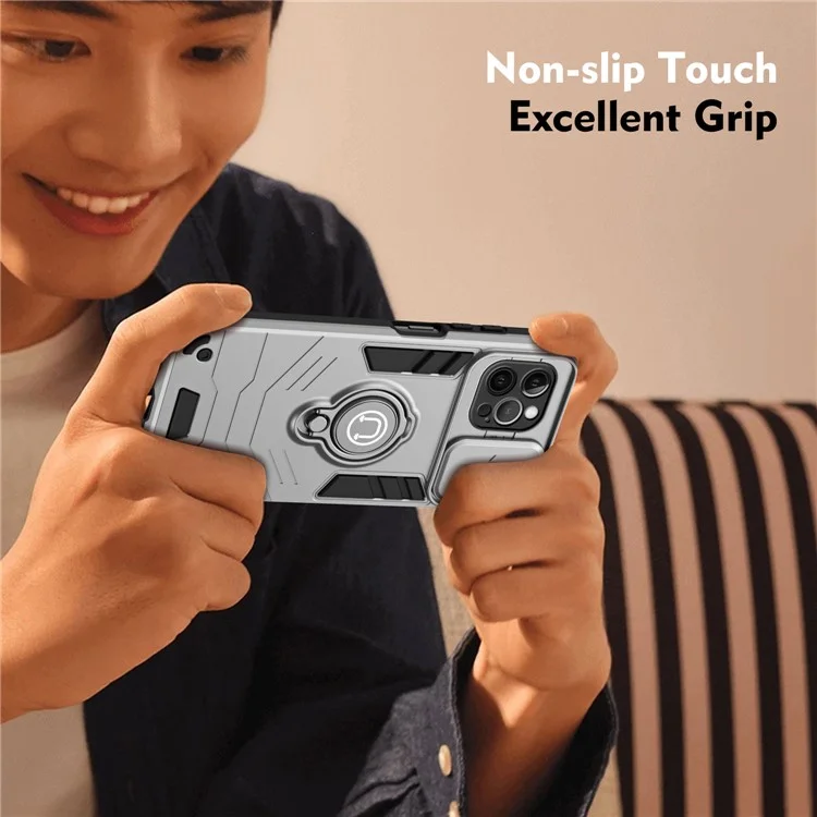For iPhone 12 Pro Case Camera Protection PC + TPU Phone Cover with Finger Ring Holder - Grey