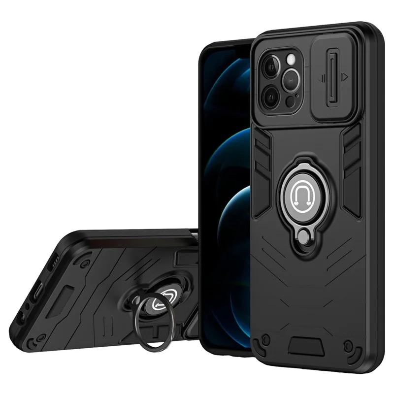 For iPhone 12 Pro Case Camera Protection PC + TPU Phone Cover with Finger Ring Holder - Black