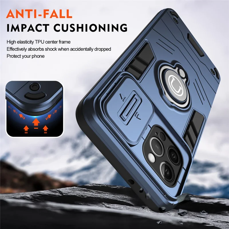 For iPhone 12 Pro Case Camera Protection PC + TPU Phone Cover with Finger Ring Holder - Blue