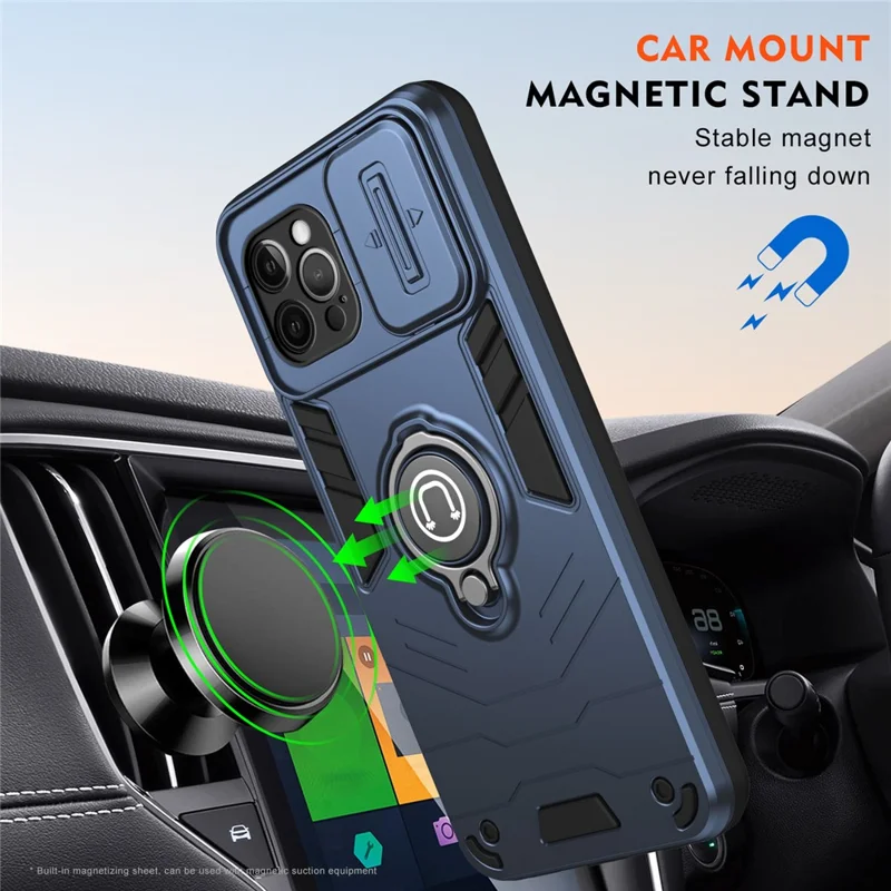 For iPhone 12 Pro Case Camera Protection PC + TPU Phone Cover with Finger Ring Holder - Blue