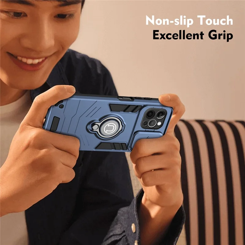 For iPhone 12 Pro Case Camera Protection PC + TPU Phone Cover with Finger Ring Holder - Blue