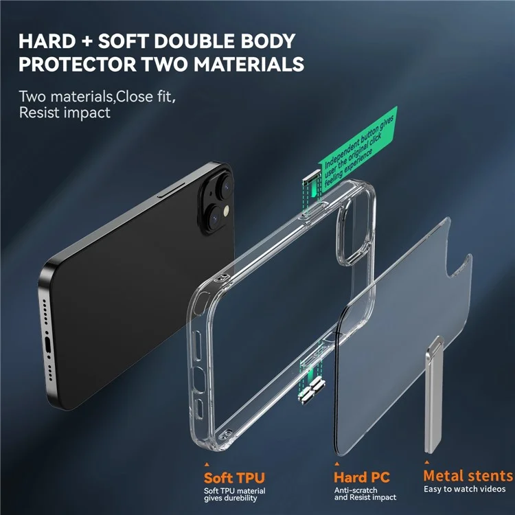 For iPhone 14 Plus Crystal 2.0 Shockproof Soft TPU + Hard PC Phone Case Kickstand Scratch-resistant Phone Back Cover with 4 Corners Protection