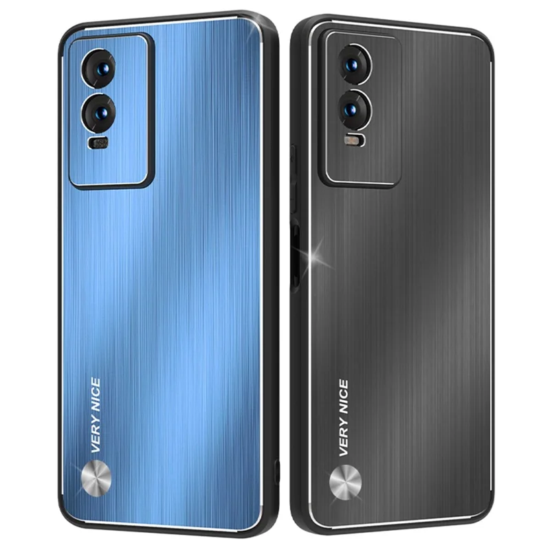 Brushed Phone Case for vivo Y76 5G, TPU Frame Aluminium Alloy Back Drop-proof Cover - Black