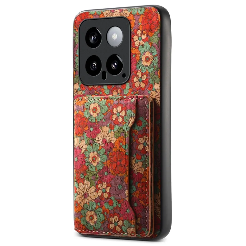 For Xiaomi 14 Case Card Slot Kickstand PU Covered Hybrid Phone Shell Floral Pattern - Summer / Red
