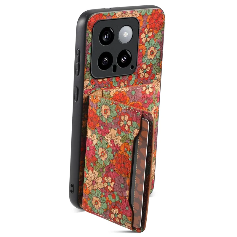 For Xiaomi 14 Case Card Slot Kickstand PU Covered Hybrid Phone Shell Floral Pattern - Summer / Red
