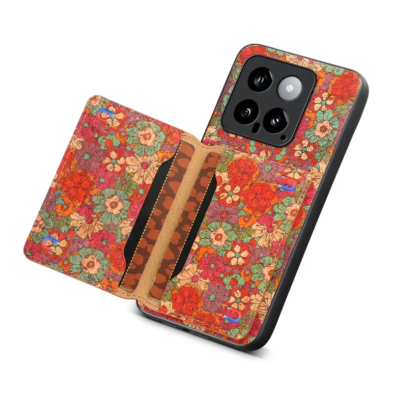 For Xiaomi 14 Case Card Slot Kickstand PU Covered Hybrid Phone Shell Floral Pattern - Summer / Red