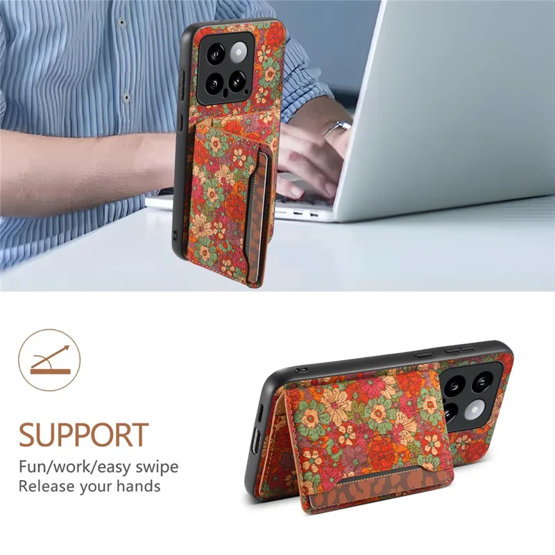 For Xiaomi 14 Case Card Slot Kickstand PU Covered Hybrid Phone Shell Floral Pattern - Summer / Red