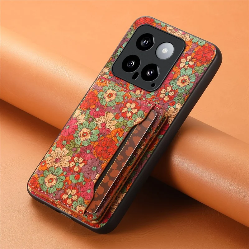 For Xiaomi 14 Case Card Slot Kickstand PU Covered Hybrid Phone Shell Floral Pattern - Summer / Red