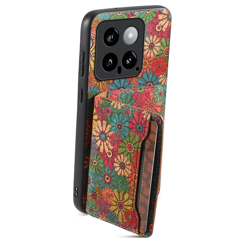 For Xiaomi 14 Case Card Slot Kickstand PU Covered Hybrid Phone Shell Floral Pattern - Spring / Green