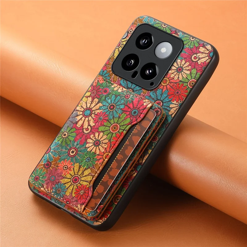 For Xiaomi 14 Case Card Slot Kickstand PU Covered Hybrid Phone Shell Floral Pattern - Spring / Green