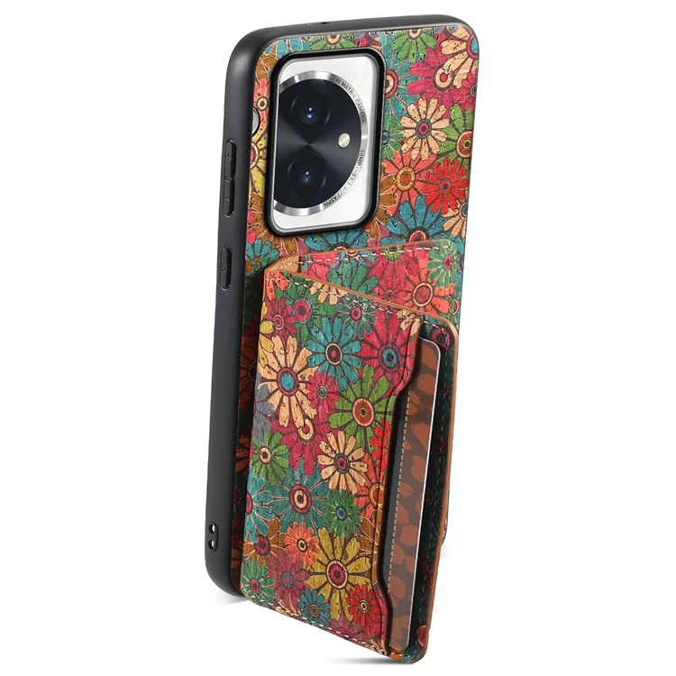 Чехол For Honor 100 5G с цветочным узором, слотом для карт и подставкой из PU+TPU+PC - Весна/Зеленый
