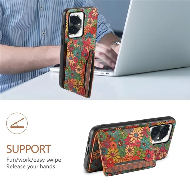 Чехол For Honor 100 5G с цветочным узором, слотом для карт и подставкой из PU+TPU+PC - Весна/Зеленый