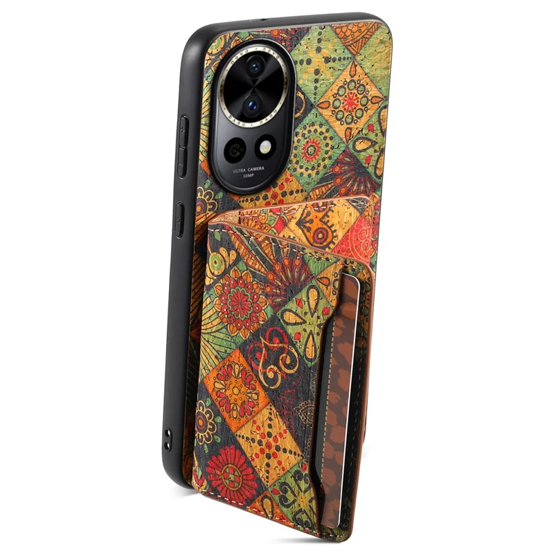 Pour Huawei nova 12 Pro 5G / nova 12 Ultra 5G Étui Housse de protection en cuir avec motif floral, fentes pour cartes et support - Automne / Jaune