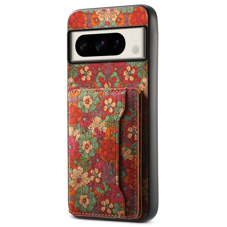 Pour Google Pixel 8 Pro Coque Motif Floral Fente pour Cartes Support de Béquille PU+TPU+PC Coque de Téléphone - Été / Rouge