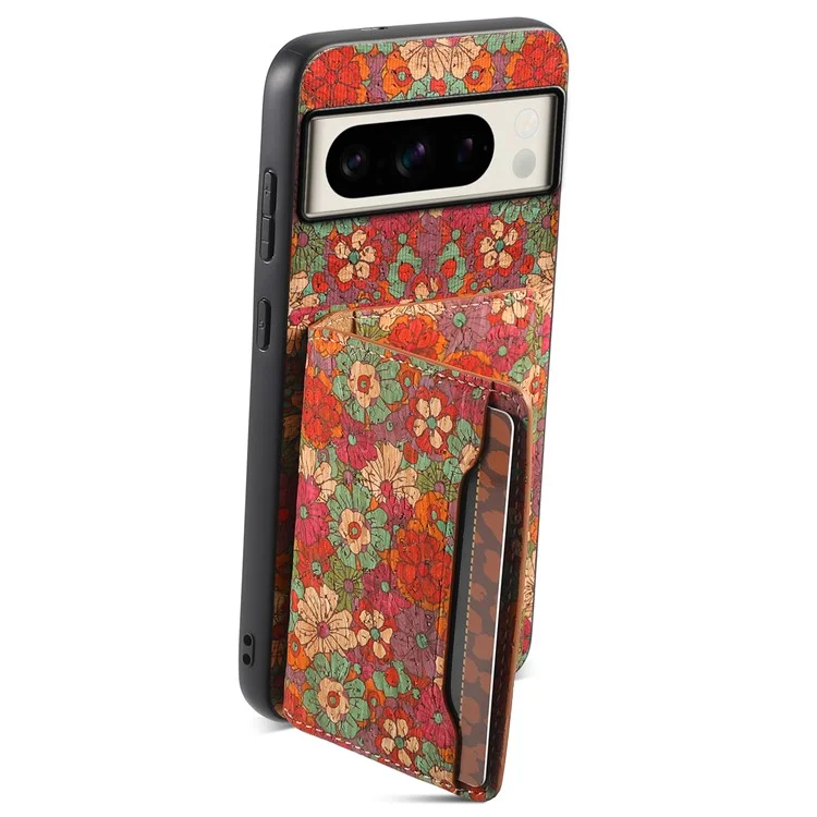 Pour Google Pixel 8 Pro Coque Motif Floral Fente pour Cartes Support de Béquille PU+TPU+PC Coque de Téléphone - Été / Rouge