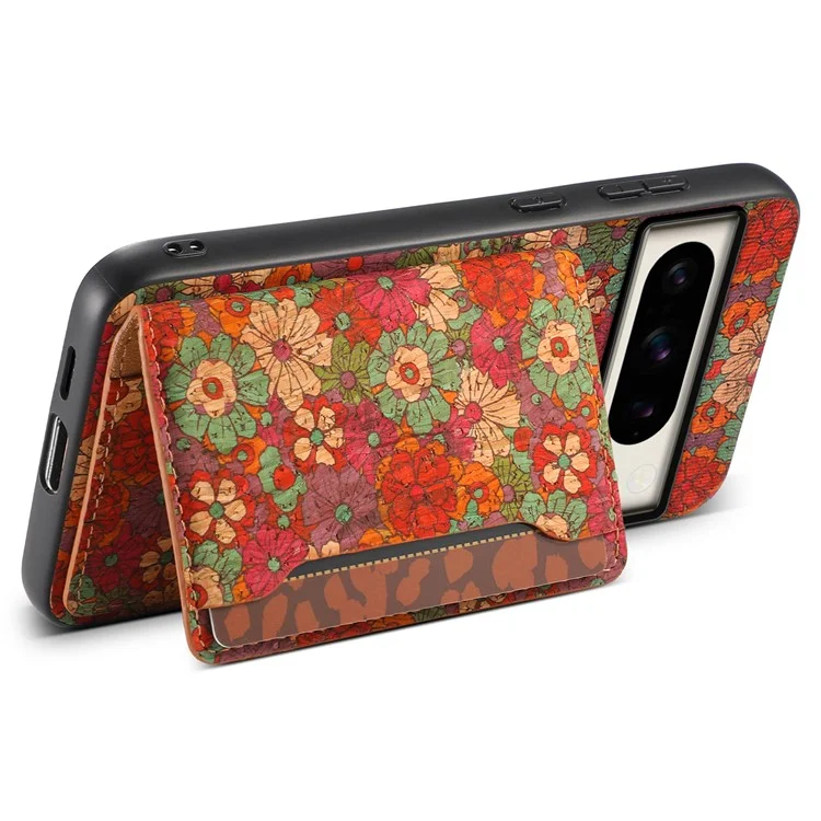 Pour Google Pixel 8 Pro Coque Motif Floral Fente pour Cartes Support de Béquille PU+TPU+PC Coque de Téléphone - Été / Rouge