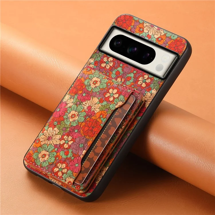 Pour Google Pixel 8 Pro Coque Motif Floral Fente pour Cartes Support de Béquille PU+TPU+PC Coque de Téléphone - Été / Rouge