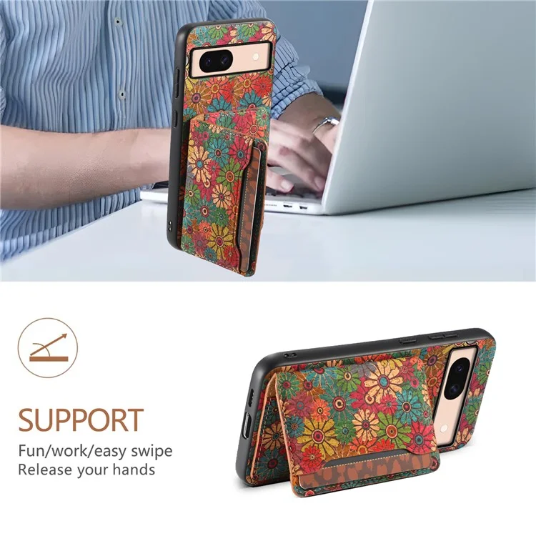 For Google Pixel 8a Case Leather Card Holder Phone Cover Floral Flower Pattern - Spring / Green