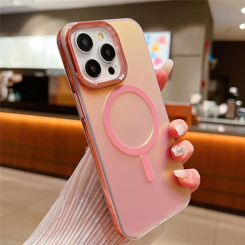 For iPhone 13 Pro Magnetic Case Gradient Aurora TPU+PC Phone Cover - Light Pink