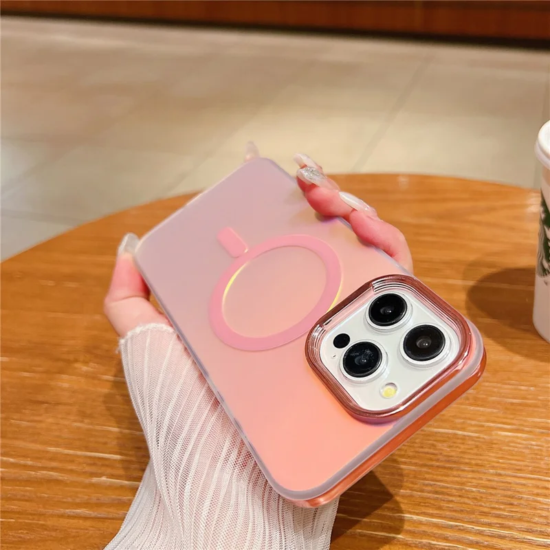 For iPhone 13 Pro Magnetic Case Gradient Aurora TPU+PC Phone Cover - Light Pink