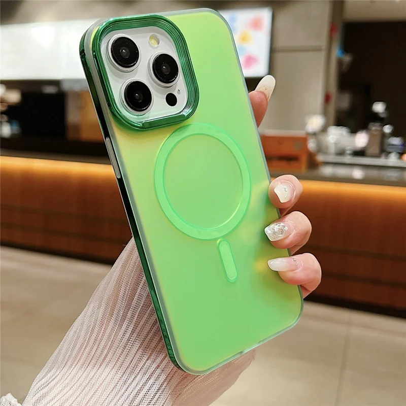 For iPhone 13 Pro Magnetic Case Gradient Aurora TPU+PC Phone Cover - Fluorescent Green