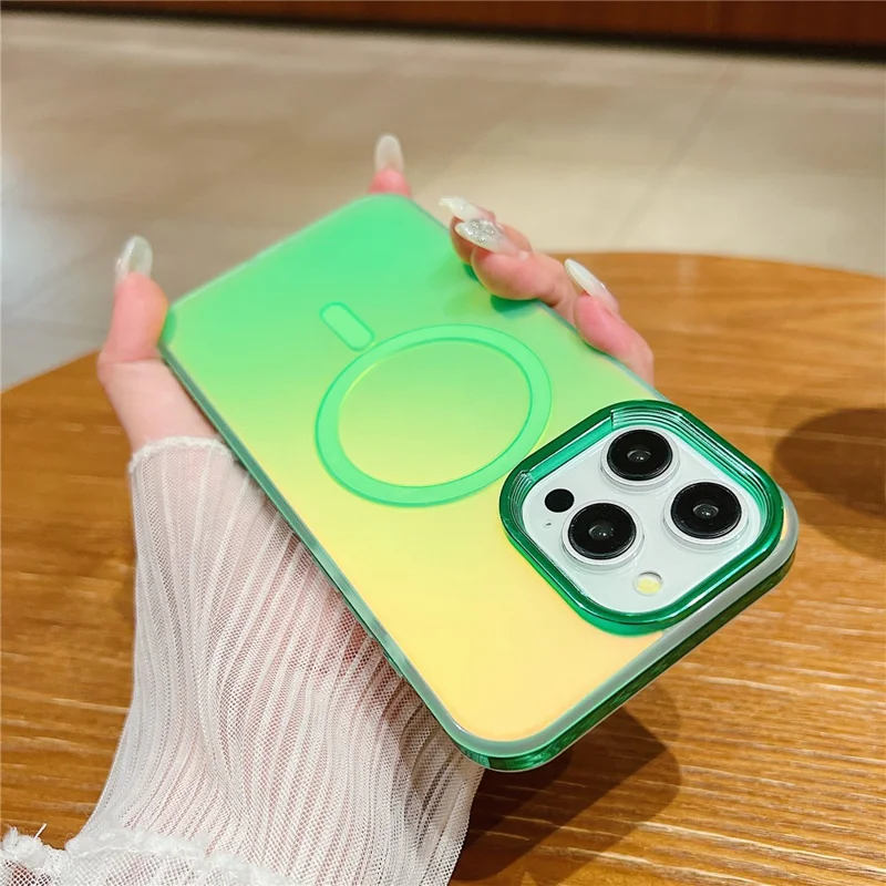 For iPhone 13 Pro Magnetic Case Gradient Aurora TPU+PC Phone Cover - Fluorescent Green