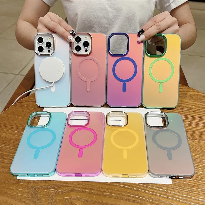 For iPhone 13 Pro Magnetic Case Gradient Aurora TPU+PC Phone Cover - Fluorescent Green