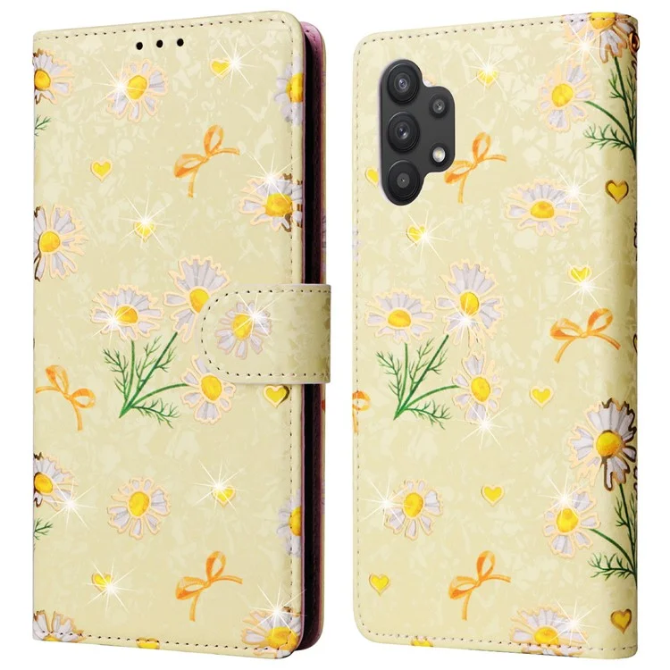 For Samsung Galaxy A32 5G / M32 5G Case RFID Blocking Leather Phone Cover Lacquered Design - Yellow Daisy