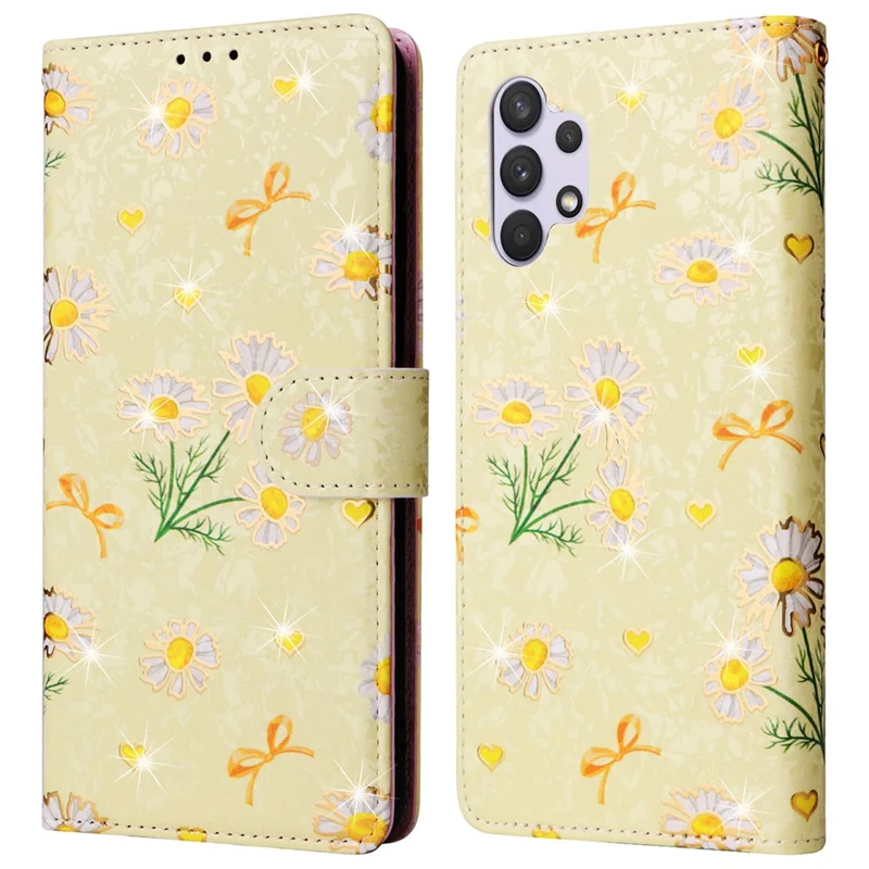 For Samsung Galaxy A32 4G (EU Version) Case Floral Design RFID Blocking Leather Phone Cover - Yellow Daisy