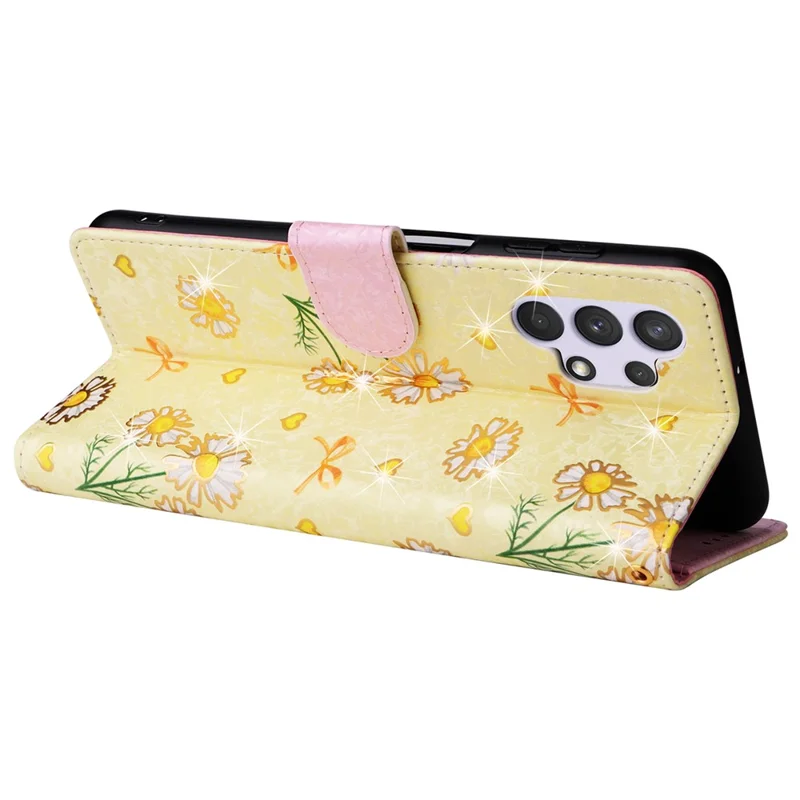 For Samsung Galaxy A32 4G (EU Version) Case Floral Design RFID Blocking Leather Phone Cover - Yellow Daisy