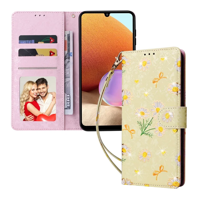For Samsung Galaxy A32 4G (EU Version) Case Floral Design RFID Blocking Leather Phone Cover - Yellow Daisy