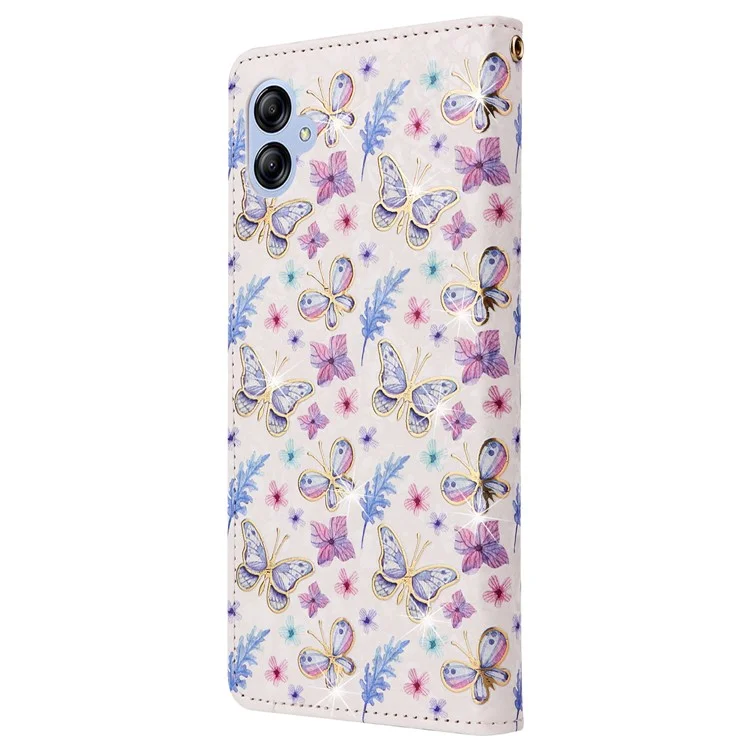 Für Samsung Galaxy A04e 4G / F04 4G / M04 4G Hülle mit Handschlaufe, RFID-blockierendes Lederhandy-Cover - Schmetterlings-Blume