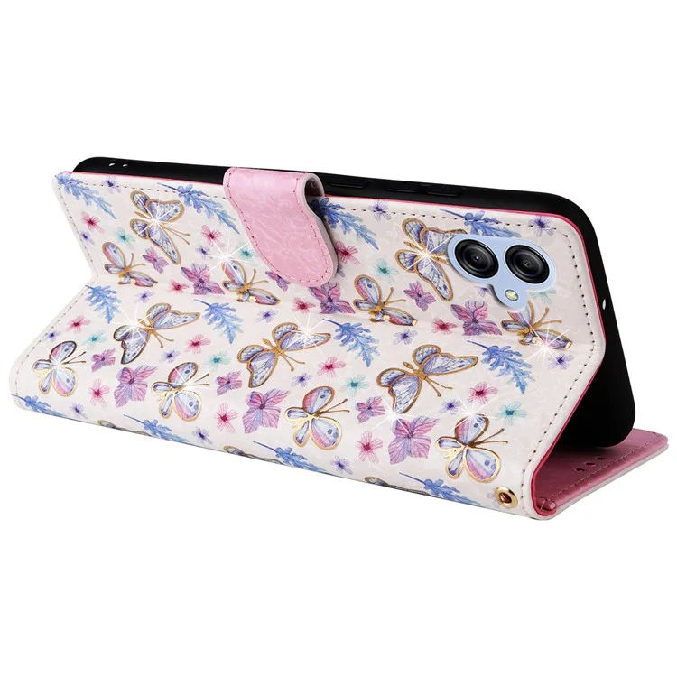 Für Samsung Galaxy A04e 4G / F04 4G / M04 4G Hülle mit Handschlaufe, RFID-blockierendes Lederhandy-Cover - Schmetterlings-Blume
