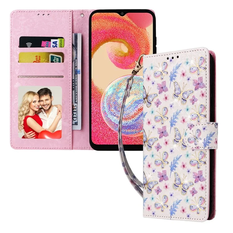 Für Samsung Galaxy A04e 4G / F04 4G / M04 4G Hülle mit Handschlaufe, RFID-blockierendes Lederhandy-Cover - Schmetterlings-Blume