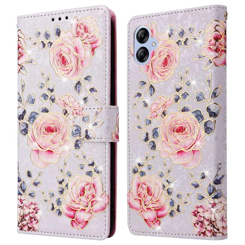 For Samsung Galaxy A04e 4G / F04 4G / M04 4G Case with Hand Strap RFID Blocking Leather Phone Cover - Rose Flower
