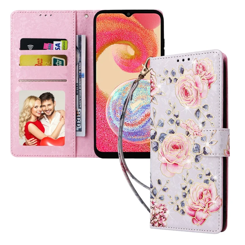 For Samsung Galaxy A04e 4G / F04 4G / M04 4G Case with Hand Strap RFID Blocking Leather Phone Cover - Rose Flower